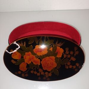 Hand-Painted Floral Lacquered Trinket Box in Black and Orange